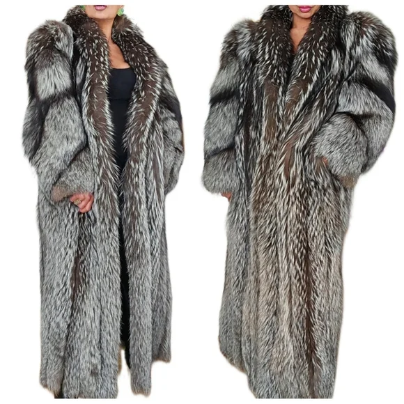 Vintage Genuine "Chubby" Fluffy Silver Indigo Fox Fur Full Length Coat - Picture 3 of 13